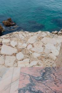 Pink marble floor on the terrace at the seaside, Rovinj, Croatia