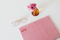 Kaboompics - Pink calendar with planner - flower - glasses