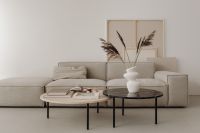 Kaboompics - Travertine coffee table and greige linen couch