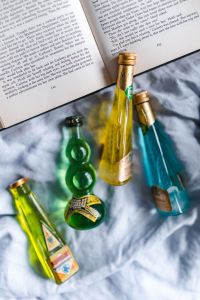 Group of colorful little bottles with liqueurs