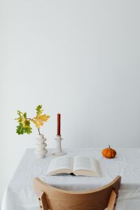Kaboompics - Opened book - oak leaves - pumpkin - candle - chair