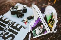 Comic book sneakers with a camera and a magazine