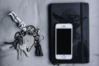 iPhone, Moleskin notebook, keys