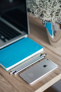 Silver iPhone with a blue notebook, pencils and a plant