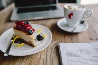 Macbook, iPhone, Magazine, Cheese Cake and Cup of Coffee
