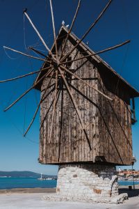 Old windmill at the entrance to the Old Town of Nessebar, Bulgaria