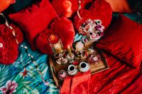 Kaboompics - Valentine's Day Breakfast in Bed: Coffee, flowers, tray, pillows