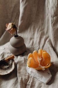 Linen fabric - mandarine - dried rose - palo santo