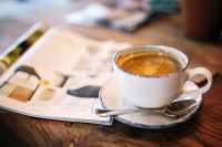 Kaboompics - Cup of Coffee, Magazine, Wooden Desk