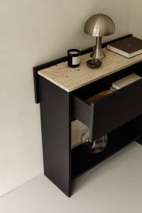 Un'common Black Console With Travertine And Wood Veneer Decor