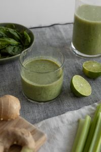 Green Smoothie Ingredients On A Linen Tablecloth