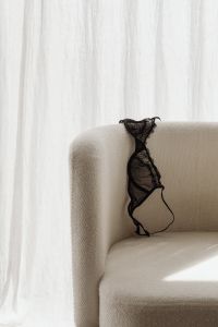 Black lace bra with underwire lies on the chair