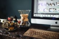Cup of coffee, Chemex, keyboard, iMac computer