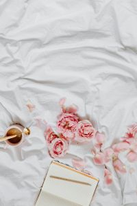 Kaboompics - Pink roses - coffee - notepad