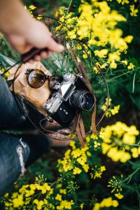 Kaboompics - Woman with vintage camera in the field of blooming rapes