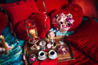 Kaboompics - Valentine's Day Breakfast in Bed: Coffee, flowers, tray, pillows