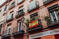 The Spanish flag on a building in Madrid, Spain