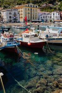 Small fishing boats at harbor Marina Grande in Sorrento, Campania, Amalfi Coast, Italy