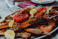 Roasted Mixed Seafood Contain Crabs, Mussels, Big Shrimps, Calamari Squids