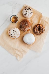 Donuts & Pączki with fruit and coffee
