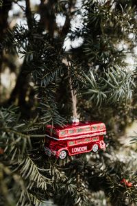 Christmas tree decoration in the shape of a red London bus