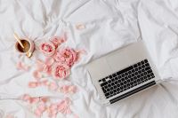 Kaboompics - Pink roses - coffee - laptop