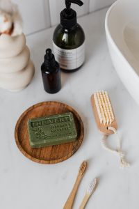 Kaboompics - Olive soap - wooden nail brush - bamboo toothbrushes