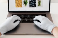 Kaboompics - Hands in hygienic glove typing on laptop