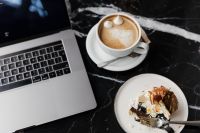 Kaboompics - Coffee and Cake with Laptop on Marble Table – Cozy Workspace Background