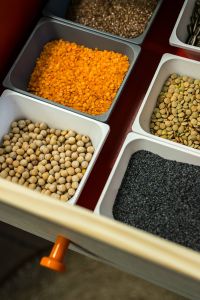 Containers with legume foods and seeds