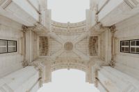 Looking up at the iconic Augusta Street Triumphal Arch, Lisbon, Portugal