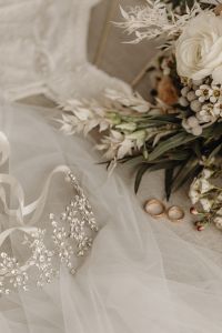 Kaboompics - Tiara - wedding rings - veil - flowers