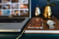 Kaboompics - Home office desk with Macbook, iPhone, calendar, watch & organizer