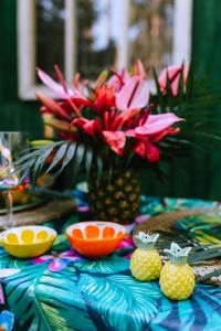 Pineapple home accessories, tropical flowers