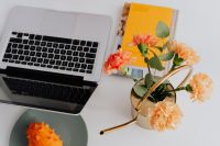 Kaboompics - MacBook laptop & orange Dianthus (carnation or clove pink) flowers on desk