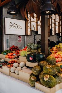 A fresh fruit assortment displayed at San Miguel Market