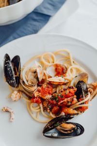 Pasta with seafood and tomatoes