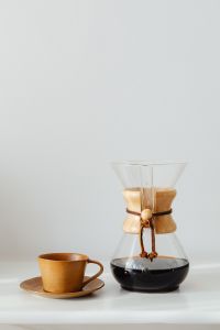 Coffee brewed in a Chemex and peanut butter sandwiches for breakfast