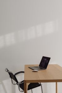 Wooden desk - laptop - home office - minimalist - warm minimal