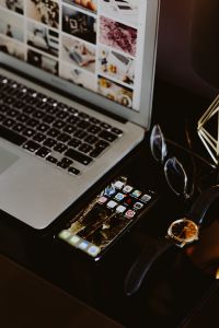 Kaboompics - Elegant home office with golden accessories. MacBook, iPhone X, watch