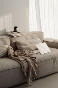 Home office on the sofa - minimal warm interior