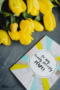 Mother`s Day card with colorful tulip flowers