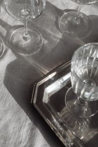 Refined Hydration - Artisan Water and Glassware on Metallic Tray