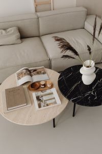 Kaboompics - Travertine coffee table and greige linen couch