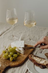 Lunch With Bread - White Wine - Olives - Butter - Camembert Cheese
