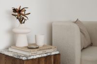 Kaboompics - Ceramic vase - side table - walnut wood - marble - books - dried flower - upholstered armchair