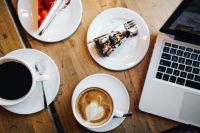 Kaboompics - Top View, Coffee with Heart Shape, cake, Macbook Laptop