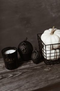 Kaboompics - Dark mood home decorations with pumpkin & candle