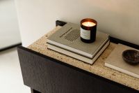 Un'common Black Console With Travertine And Wood Veneer Decor