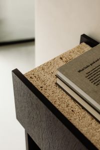 Un'common Black Console With Travertine And Wood Veneer Decor